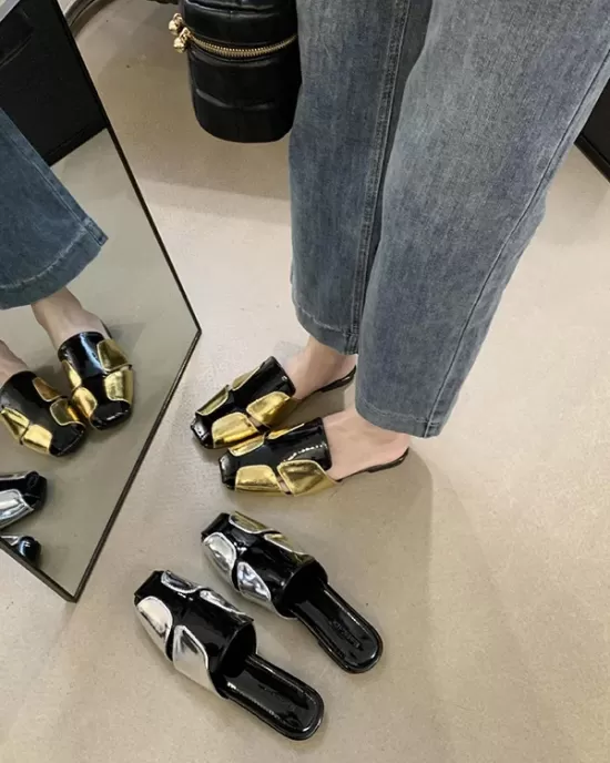 Contrast Color Hollow Split-Joint Square-Toe Slippers&Mules Sandals