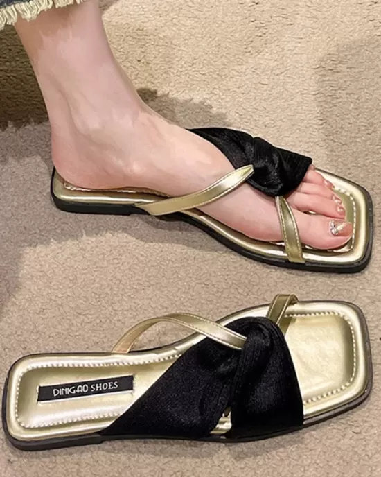 Pleated Split-Joint Square-Toe Slippers Sandals