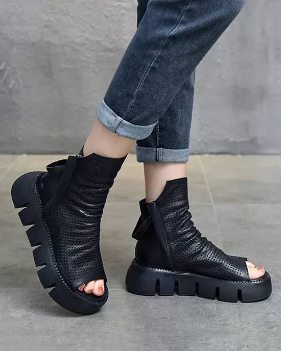 Urban Black Brown Zipper Hollow Platform Shoes