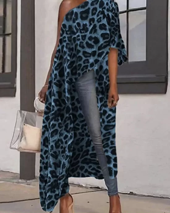 Stylish Leopard Printed Asymmetric One-Shoulder Loose T-Shirt Tops