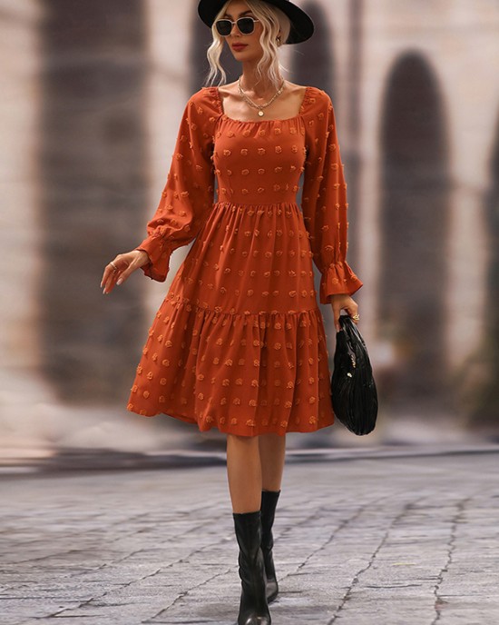 Bohemia Puff Sleeves A-Line Solid U-Neck Dress