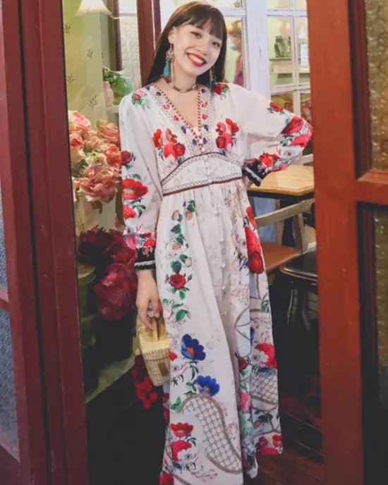 Vacation Loose Floral Patchwork V-Neck Dress