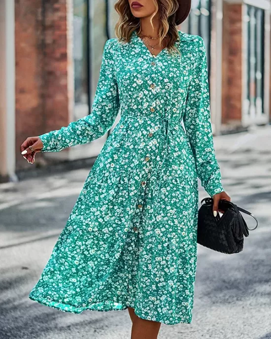 Bohemia Long Sleeves Floral Printed V-Neck Dress