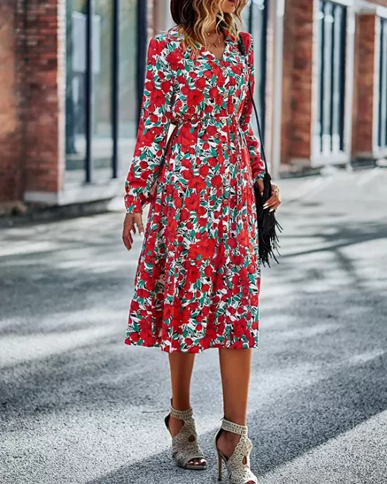 Bohemia Long Sleeves Floral Printed V-Neck Dress