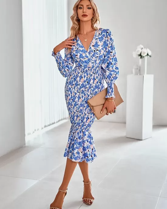 Bohemia Loose Puff Sleeves Floral Printed V-Neck Dress