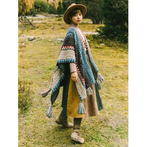 Casual Loose Tasseled Patchwork Shawl&Cloak