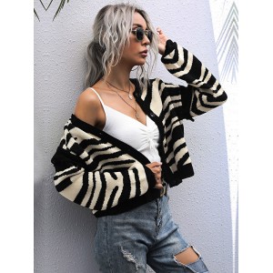 Casual Loose Striped Patchwork V-Neck Cardigan Top