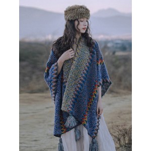 Casual Loose Tasseled Patchwork Shawl&Cloak