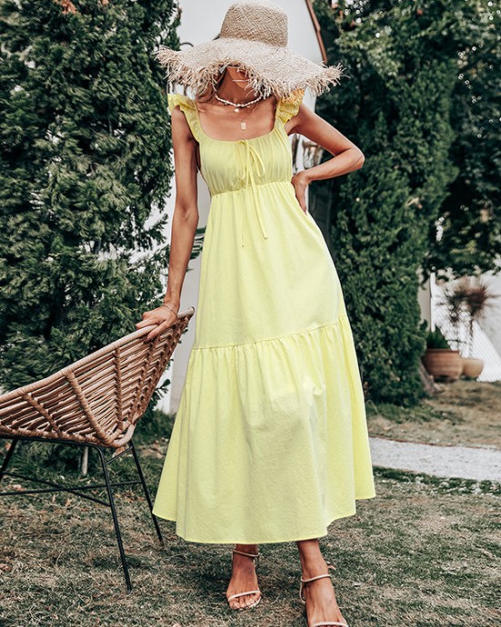 Women's Yellow Sling Dress High Waist Sleeveless Long Swing Dress