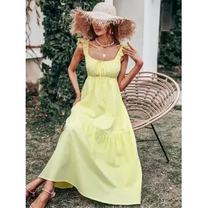 Women's Yellow Sling Dress High Waist Sleeveless Long Swing Dress