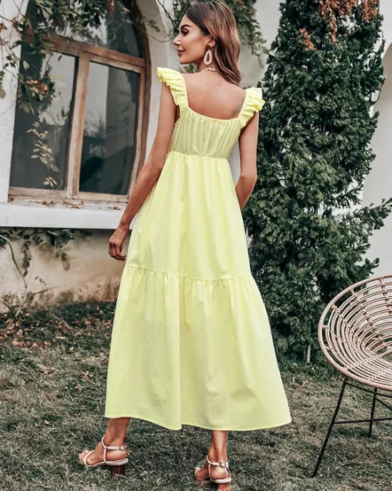 Women's Yellow Sling Dress High Waist Sleeveless Long Swing Dress