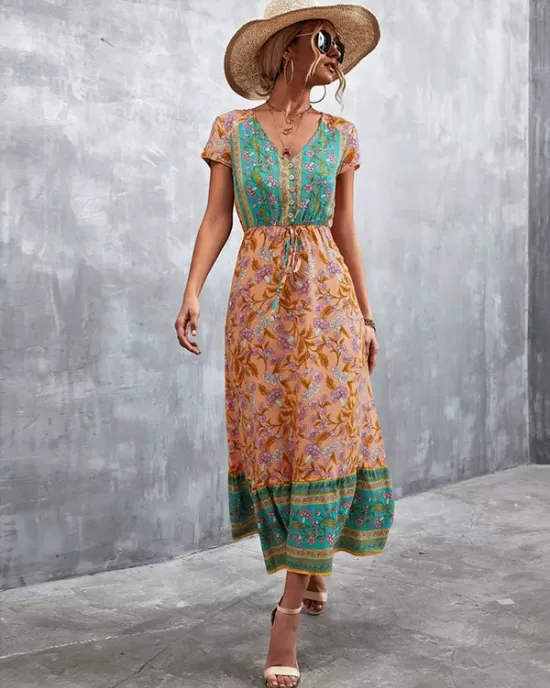 Bohemian V-Neck Button-Up Floral Print Dress