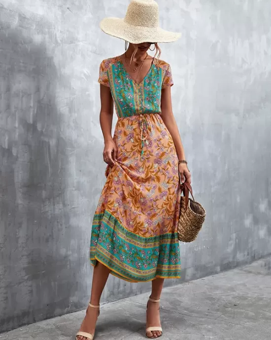 Bohemian V-Neck Button-Up Floral Print Dress