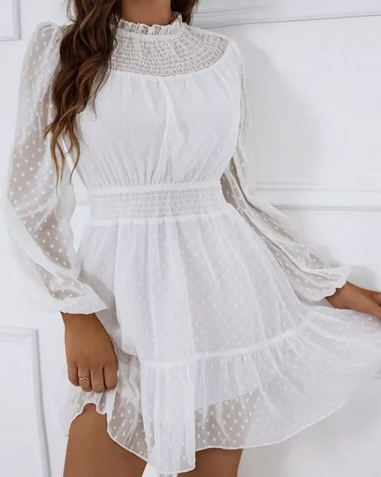 White Lace Trim Long Sleeve Ladies Dress