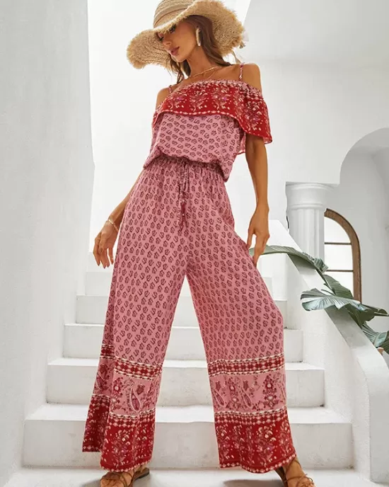 Women Wide Leg Floral Printed Bohemia Jumpsuit