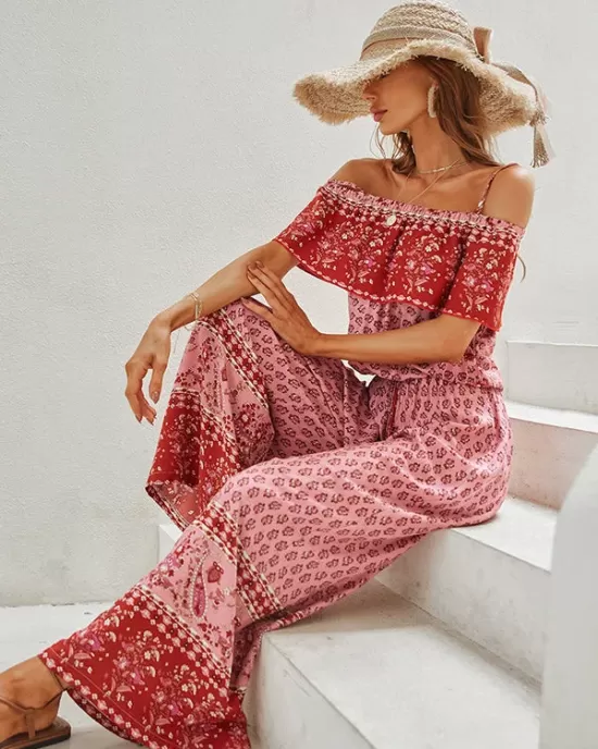 Women Wide Leg Floral Printed Bohemia Jumpsuit