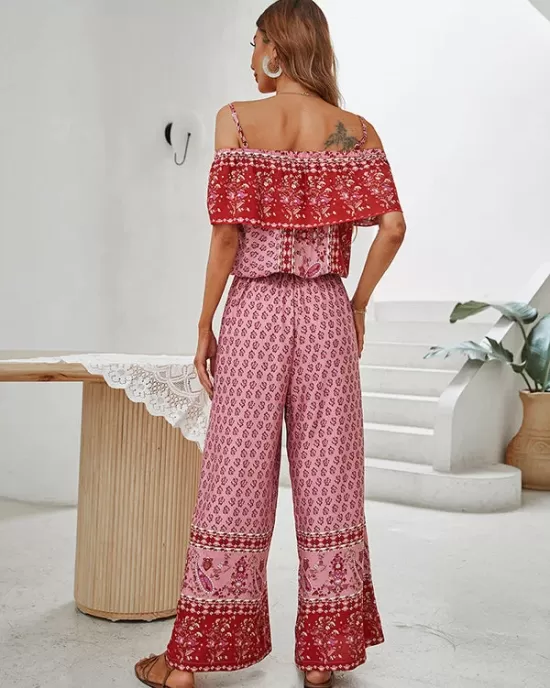 Women Wide Leg Floral Printed Bohemia Jumpsuit