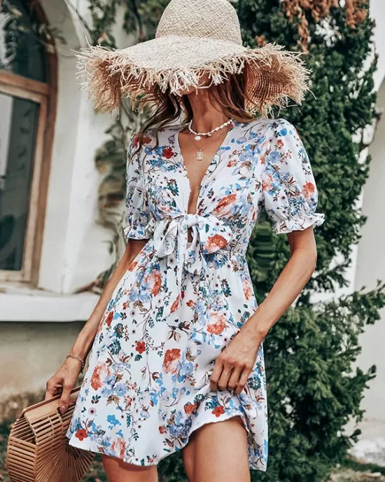 Vacation Puff Sleeves Floral Printed Bohemia Dress