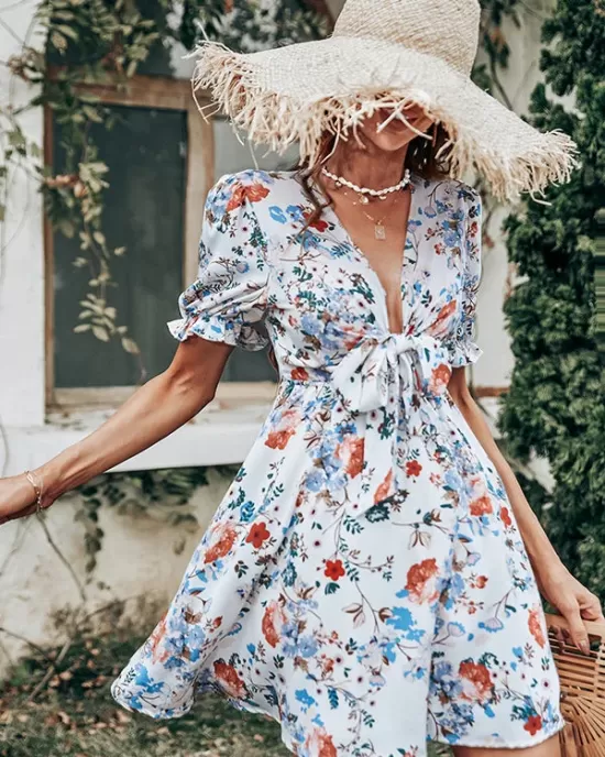 Vacation Puff Sleeves Floral Printed Bohemia Dress