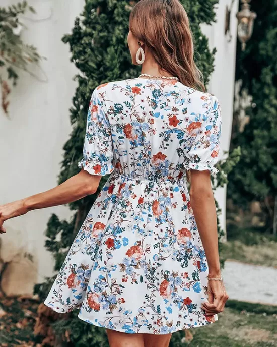 Vacation Puff Sleeves Floral Printed Bohemia Dress