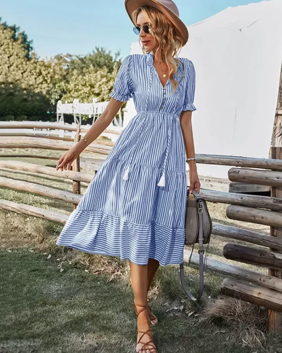 Vacation High Waisted Loose Striped Dress