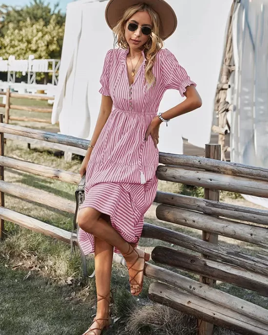 Vacation High Waisted Loose Striped Dress