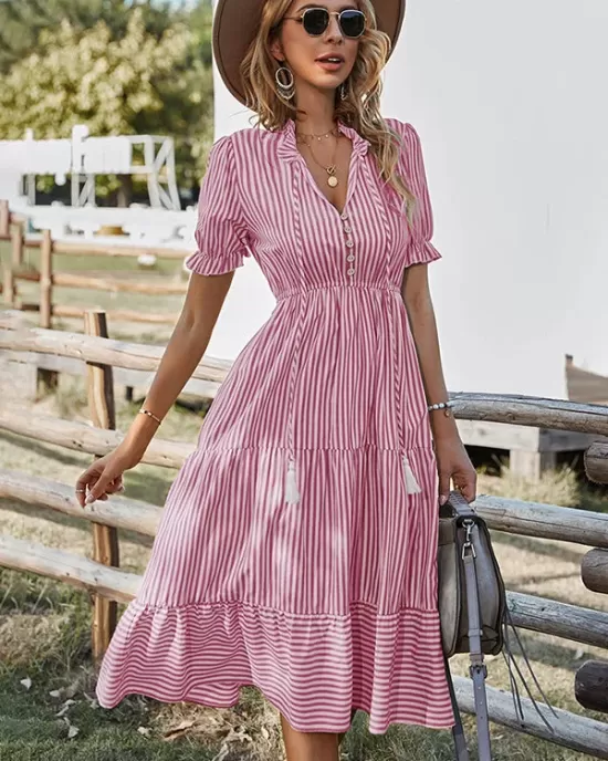 Vacation High Waisted Loose Striped Dress