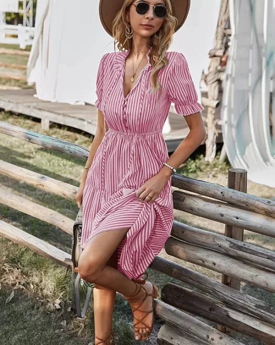 Vacation High Waisted Loose Striped Dress