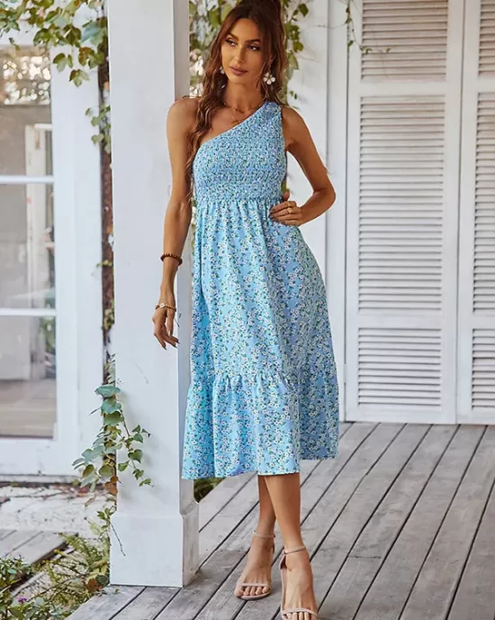 Vacation Sleeveless Floral Printed One-Shoulder Dress