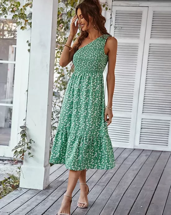 Vacation Sleeveless Floral Printed One-Shoulder Dress