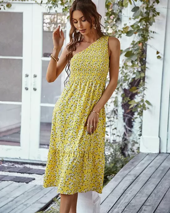 Vacation Sleeveless Floral Printed One-Shoulder Dress