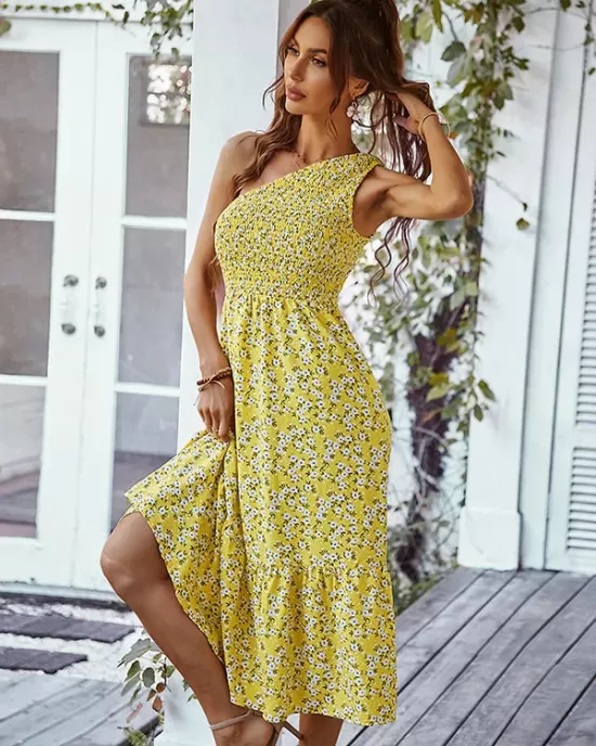 Vacation Sleeveless Floral Printed One-Shoulder Dress