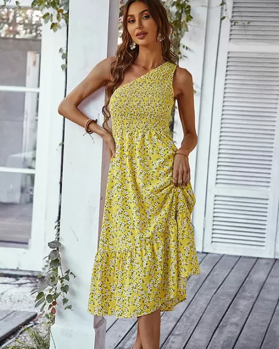 Vacation Sleeveless Floral Printed One-Shoulder Dress