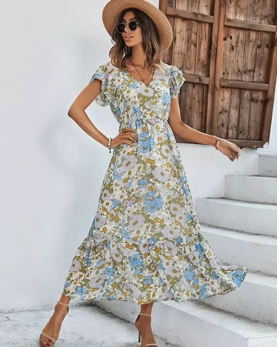 Bohemia High Waisted Floral Printed V-Neck Dress