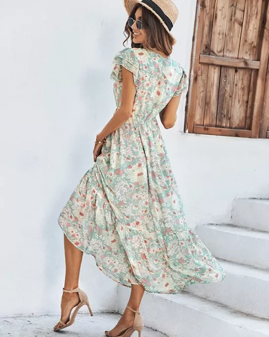 Bohemia High Waisted Floral Printed V-Neck Dress