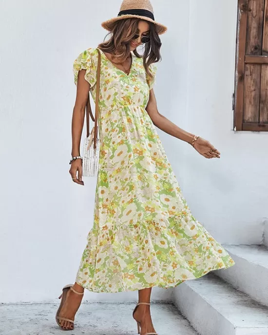 Bohemia High Waisted Floral Printed V-Neck Dress