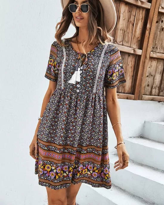 Casual A-Line Floral Printed Round-Neck Dress