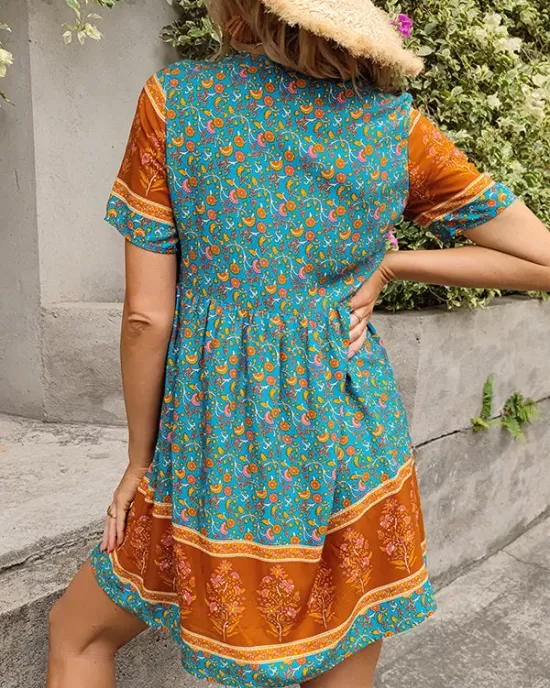 Casual A-Line Floral Printed Round-Neck Dress