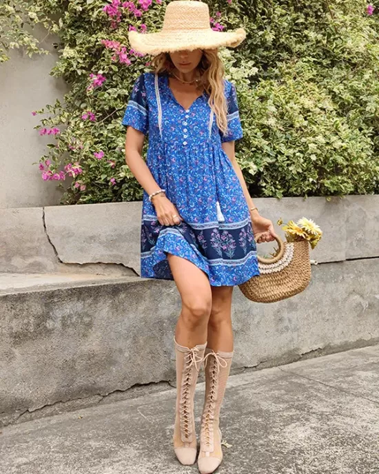 Casual A-Line Floral Printed Round-Neck Dress