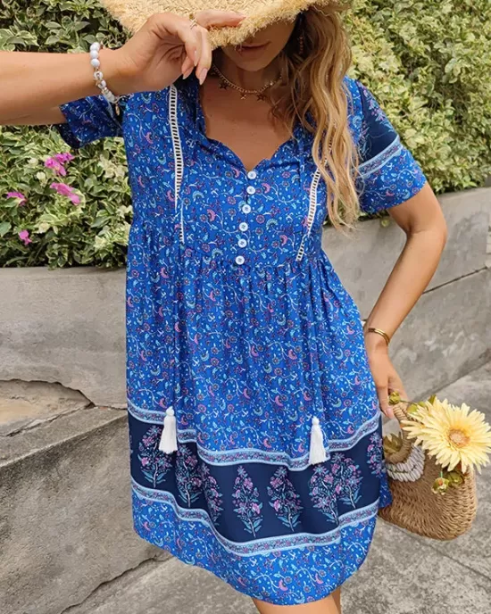 Casual A-Line Floral Printed Round-Neck Dress