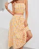 Vacation Sleeveless Plaid U-Neck Two Pieces Set