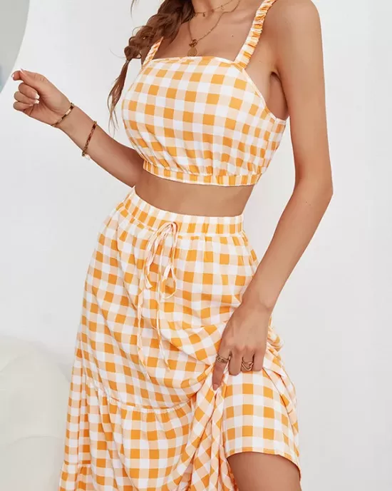 Vacation Sleeveless Plaid U-Neck Two Pieces Set