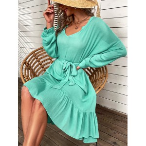 Vacation Loose Solid Color V-Neck Dress