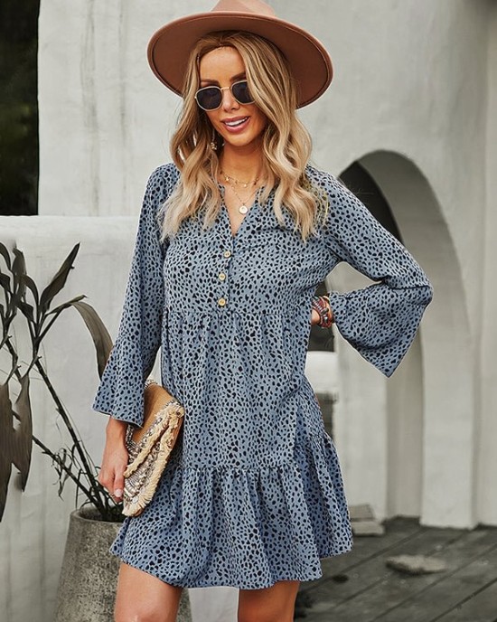 V-Neck Polka Dot Long Flare Sleeves Mini Dress