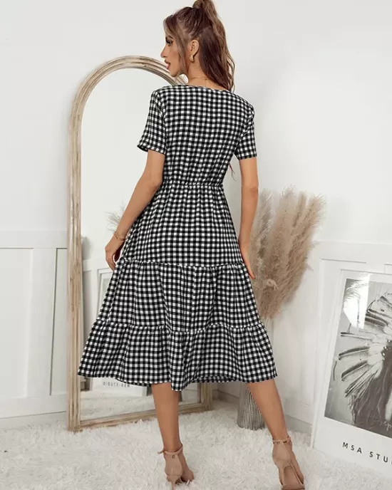 Vacation A-Line Plaid Hollow Midi Dresses