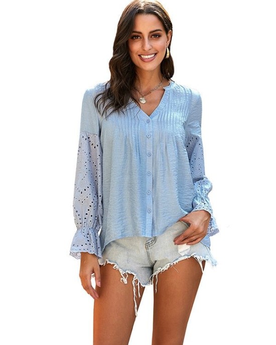 Button Lace Flare Blouse