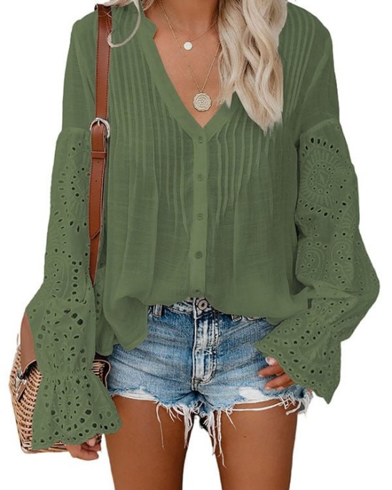 Button Lace Flare Blouse