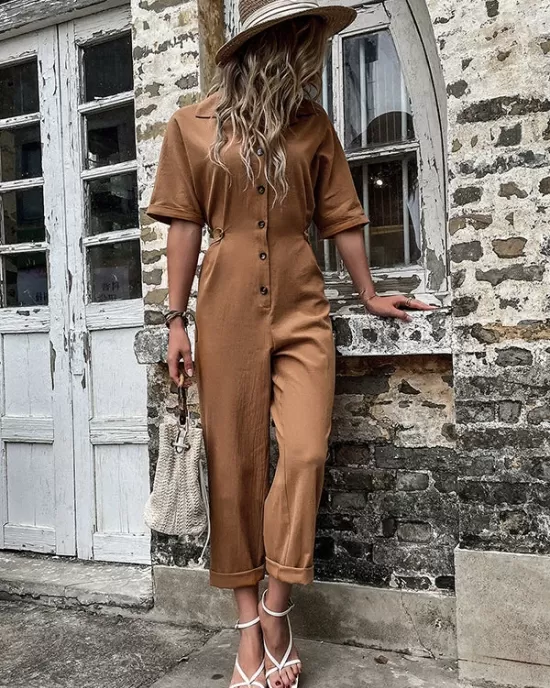 Casual Buckle Solid Color Polo Jumpsuit