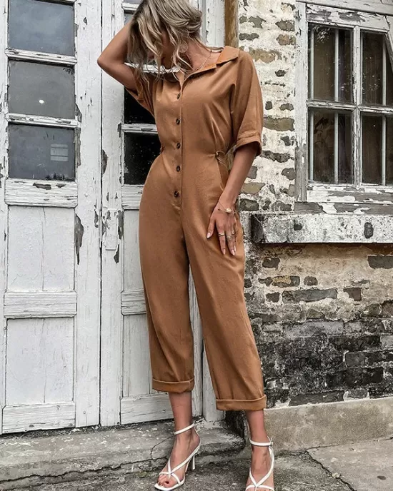 Casual Buckle Solid Color Polo Jumpsuit