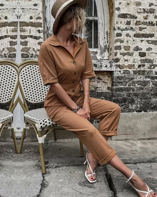 Casual Buckle Solid Color Polo Jumpsuit